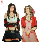  2girls aerith_gainsborough arm_guards black_hair bolo_tie bow bracelet brown_eyes brown_hair crop_top cropped_jacket crossed_arms dress elbow_gloves final_fantasy final_fantasy_vii final_fantasy_vii_remake fingerless_gloves gloves green_eyes hair_bow jacket jewelry long_hair looking_at_another low-tied_long_hair midriff multiple_girls parted_lips pink_dress pleated_skirt red_jacket saint_dri simple_background skirt sleeveless tank_top thigh-highs tifa_lockhart very_long_hair zettai_ryouiki 