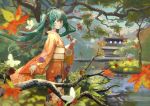  1girl absurdres ahoge aqua_eyes aqua_hair architecture autumn_leaves berry branch bug butterfly closed_eyes commentary day east_asian_architecture feet_out_of_frame floral_print from_side hand_up hatsune_miku highres huge_filesize insect japanese_clothes kimono leaf long_hair looking_to_the_side maple_leaf narukage_(user_tgns7842) obi outdoors pond red_kimono reflection sash smile standing temple tree twintails very_long_hair vocaloid wide_shot 