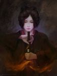  1girl artist_name brown_eyes brown_hair commentary emma_the_gentle_blade english_commentary hair_bun highres holding holding_sword holding_weapon japanese_clothes katana kimono lips looking_at_viewer nose portrait raivis_draka sekiro:_shadows_die_twice sheath solo sword unsheathing updo upper_body weapon 