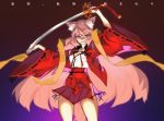  1girl animal_ears balance_(superdust) fate/grand_order fate_(series) fox_ears fox_tail highres katana long_hair no_panties orange_eyes orange_hair pleated_skirt skirt suzuka_gozen_(fate) sword tail very_long_hair weapon wide_sleeves 