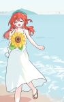  1girl absurdres beach bocchi_the_rock! bridge cityscape dress flower highres kita_ikuyo mountain puhen redhead smile sunflower white_dress 