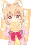  1girl absurdres animal_ear_fluff animal_ears bangs blush bow bread brown_eyes commentary_request covered_mouth eyebrows_visible_through_hair food hair_between_eyes hair_bow highres holding holding_food jacket light_brown_hair long_sleeves looking_at_viewer melon_bread nakkar open_clothes open_jacket original pink_jacket red_bow sidelocks solo sweater upper_body white_bow wide_sleeves yellow_sweater 