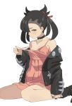  1girl black_hair black_nails choker dress mary_(pokemon) ningen_(ningen96) off-shoulder_jacket pink_dress pokemon pokemon_(game) pokemon_swsh sitting strap_pull twintails wariza white_background 