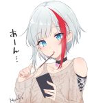  1girl admiral_graf_spee_(azur_lane) admiral_graf_spee_(daily_peaceful_life)_(azur_lane) azur_lane blue_eyes brown_sweater choker collarbone food highres holding holding_food long_sleeves looking_at_viewer multicolored_hair nayuta_hilo parted_lips phone pocky redhead short_hair shoulder_cutout sidelocks signature silver_hair simple_background solo sweater two-tone_hair white_background 