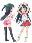  1girl :d arm_warmers arms_up bandeau bangs bare_shoulders barefoot belt belt_buckle black_hair black_legwear blue_belt blush bow breasts buckle closed_mouth commentary_request eyebrows_visible_through_hair green_eyes green_ribbon hair_bow hair_ribbon kimagure_blue long_hair looking_at_viewer midriff multiple_views navel no_shoes open_mouth original pink_bow pink_shorts pleated_skirt profile red_bow red_skirt ribbon shirt short_shorts shorts simple_background skirt sleeveless sleeveless_shirt small_breasts smile strapless striped thigh-highs two_side_up very_long_hair white_background white_shirt 