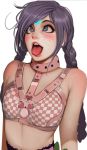  1girl bangs blue_eyes blush breasts caricature choker freckles ohage original parody purple_hair randy_starfru1t simple_background small_breasts tongue_out twin_braids youtuber 