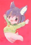  1boy :3 :d animal_ear_fluff animal_ears bottomless child commentary_request drawstring fang full_body furry green_hoodie highres hood hoodie jumping long_sleeves looking_at_viewer male_focus manino_(mofuritaionaka) open_mouth original outstretched_arms pink_eyes purple_hair red_background signature simple_background smile solo spread_arms star tail 
