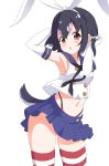  1girl armpits arms_up black_hair black_panties blue_skirt blush brown_eyes commentary cosplay cowboy_shot elbow_gloves gloves hair_ribbon hands_in_hair highleg highleg_panties highlights humboldt_penguin_(kemono_friends) ilyfon133 kantai_collection kemono_friends leaning_forward looking_at_viewer microskirt midriff multicolored_hair navel open_mouth panties penguin_tail pink_hair pleated_skirt red_legwear ribbon sailor_collar shimakaze_(kantai_collection) shimakaze_(kantai_collection)_(cosplay) shirt short_hair simple_background skindentation skirt sleeveless sleeveless_shirt solo standing string_panties striped striped_legwear tail thigh-highs underwear white_background white_gloves white_ribbon white_shirt 