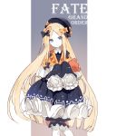  1girl abigail_williams_(fate/grand_order) adapted_costume bangs black_bow black_dress black_headwear blonde_hair blue_eyes bow capelet closed_mouth commentary copyright_name dress eyebrows_visible_through_hair fate/grand_order fate_(series) forehead hair_bow hat long_hair long_sleeves looking_at_viewer mitu_yang object_hug orange_bow orange_capelet parted_bangs polka_dot polka_dot_bow sleeves_past_fingers sleeves_past_wrists smile solo stuffed_animal stuffed_toy symbol_commentary teddy_bear thigh-highs very_long_hair white_legwear 