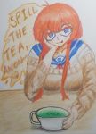  1girl blue_eyes blue_glasses blush cornstarchia drawing glasses green_tea heart-shaped_pupils iacademy_confessions koku-chan(iacademy_confessions) looking_at_viewer orange_eyebrows orange_hair seifuku sweater table teacup tongue_out traditional_art 