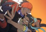  1boy 1girl black_hair dark_skin dark_skinned_male gloves gym_leader kibana_(pokemon) multicolored_hair orange_background orange_headwear pokemon pokemon_(game) pokemon_swsh reaching rotom_phone rurina_(pokemon) simple_background single_glove smile streaked_hair 