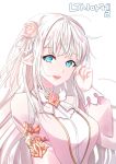  1girl :d blue_eyes brooch dress flower hair_flower hair_ornament hand_up highres jewelry long_hair long_sleeves looking_at_viewer mabinogi mole mole_under_eye o_yat open_mouth pink_dress pointy_ears smile symbol-shaped_pupils unmoving_pattern white_background white_hair 