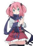  1girl :o ahoge black_legwear blue_scarf blush cat_hair_ornament chuunibyou_demo_koi_ga_shitai! eyebrows_visible_through_hair green_eyes hair_ornament heart_tattoo ixy long_sleeves looking_at_viewer pink_hair red_skirt scarf shichimiya_satone short_hair simple_background skirt solo tattoo thigh-highs twintails white_background 