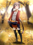  1girl akebono_(kantai_collection) alternate_costume autumn autumn_leaves bell black_legwear blue_skirt blush closed_mouth eyebrows_visible_through_hair flower full_body ginkgo ginkgo_leaf hair_bell hair_between_eyes hair_flower hair_ornament highres jacket jingle_bell kantai_collection leaf long_hair long_sleeves pleated_skirt purple_hair red_jacket shadow shirt side_ponytail skirt smile solo tama_(seiga46239239) thigh-highs tree very_long_hair white_shirt 