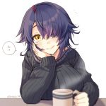  1girl alternate_costume artist_name black_sweater breast_rest breasts brown_eyes closed_mouth coffee coffee_mug cup eyepatch hair_over_one_eye hand_on_own_cheek highres kantai_collection kotobuki_(momoko_factory) large_breasts long_sleeves looking_at_viewer messy_hair mug purple_hair short_hair solo speech_bubble sweater tenryuu_(kantai_collection) translated twitter_username upper_body 