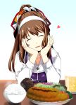  1girl ashigara_(kantai_collection) beer_mug bowl brown_hair chin_rest closed_eyes collarbone commentary_request cup hairband hand_on_own_cheek head_rest heart highres horned_headwear kantai_collection kawamura_tsukasa long_hair long_sleeves mug plate ponytail purple_apron rice rice_bowl shirt smile solo upper_body white_hairband white_shirt 