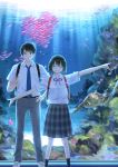  1boy 1girl absurdres air_bubble aquarium backpack bag bangs black_hair blush brown_eyes bubble closed_eyes couple eyebrows_visible_through_hair facing_viewer fish fish_tank highres light_rays looking_at_viewer necktie original original_character pleated_skirt shirt short_hair short_sleeves skirt smile taka_(tsmix) turtle underwater v white_shirt 