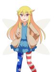  1girl alternate_costume american_flag_legwear arm_behind_back arm_up blonde_hair blue_dress brown_jacket cato_(monocatienus) clownpiece commentary_request contemporary dress eyebrows_visible_through_hair fairy_wings fang feet_out_of_frame hair_between_eyes jacket layered_dress long_hair looking_at_viewer no_hat no_headwear open_clothes open_jacket open_mouth red_eyes simple_background skin_fang solo standing touhou very_long_hair white_background wings 