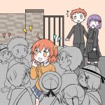  1boy 2girls ahoge aru_u1g blush crowd emiya_shirou eyebrows_visible_through_hair fate/grand_order fate/stay_night fate_(series) fujimaru_ritsuka_(female) hair_between_eyes hair_ornament hair_ribbon hair_scrunchie hand_mouth long_sleeves matou_sakura multiple_girls one_side_up orange_eyes orange_hair purple_hair raglan_sleeves red_ribbon ribbon scrunchie short_hair side_ponytail violet_eyes yellow_eyes yellow_scrunchie 