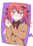  1girl bat_hair_ornament black_shirt blush dated eyebrows_visible_through_hair gabriel_dropout hair_ornament hair_rings ixy kurumizawa_satanichia_mcdowell long_sleeves necktie purple_background red_neckwear redhead shirt short_hair solo violet_eyes 