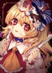  1girl :p ascot bangs blonde_hair blue_bow blue_choker blush bow brown_background chocolate choker commentary_request dual_wielding eyebrows_visible_through_hair flandre_scarlet food food_on_face frilled_shirt_collar frills fruit hair_between_eyes hair_bow hands_up highres holding holding_knife icing knife kyouda_suzuka long_hair looking_at_viewer no_hat no_headwear one_side_up outside_border puffy_short_sleeves puffy_sleeves red_eyes ribbon_choker shirt short_sleeves solo strawberry striped striped_bow tongue tongue_out touhou upper_body white_shirt wrist_cuffs yellow_neckwear 