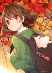  1girl :3 ahoge animal autumn autumn_leaves backpack bag bag_charm blush brown_hair cat cat_earrings charm_(object) closed_mouth day dutch_angle english_text fence from_behind green_sweater hazuki_natsu highres long_sleeves looking_at_viewer looking_back nail_polish original outdoors pink_nails red_eyes short_hair smile solo sweater tareme unzipped upper_body wooden_fence yellow_sclera 
