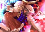  2girls :d arms_at_sides ascot bangs bat_wings battle blonde_hair bow bullet closed_mouth commentary_request crystal danmaku diffraction_spikes dress duel energy_ball eye_contact feet_out_of_frame fingernails flandre_scarlet floating_hair frilled_dress frilled_hat frilled_shirt frilled_shirt_collar frilled_sleeves frills glowing green_hair hands_up hat hat_ribbon joniko1110 jumping lavender_hair leaning_forward lens_flare long_dress looking_at_another magic_circle medium_hair mob_cap multiple_girls one_side_up open_mouth orange_eyes outstretched_hand pink_nails profile puffy_short_sleeves puffy_sleeves red_bow red_dress red_eyes red_ribbon remilia_scarlet ribbon ribbon-trimmed_headwear ribbon_trim sash sharp_fingernails shirt short_hair short_hair_with_long_locks short_sleeves siblings sidelocks sisters skirt skirt_set smile swept_bangs touhou very_long_fingernails white_headwear white_shirt white_skirt wings wrist_cuffs yellow_neckwear 