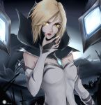  1girl absurdres alternate_costume blonde_hair breasts commentary_request detached_sleeves eyebrows_visible_through_hair eyes_visible_through_hair hair_between_eyes highres kai&#039;sa league_of_legends looking_at_viewer mask medium_breasts open_mouth red_lips short_hair solo tagme unique_(pixiv12704744) 