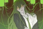  1boy collared_shirt commentary fondant green_hair green_necktie grey_jacket hair_between_eyes highres intravenous_drip jacket lobotomy_corporation long_hair long_sleeves looking_at_viewer male_focus necktie netzach_(project_moon) off_shoulder open_clothes open_collar open_jacket open_mouth project_moon shirt solo white_shirt yellow_eyes 