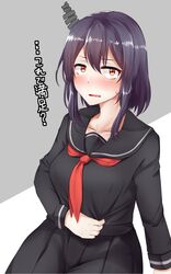  1girl alternate_costume black_hair black_serafuku blush breasts brown_eyes commentary_request highres kantai_collection large_breasts long_sleeves looking_at_viewer neckwear rainysnowy108 red_neckwear school_uniform serafuku short_hair solo translated yamashiro_(kantai_collection) 