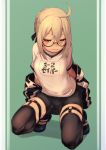  1girl ahoge artoria_pendragon_(all) bike_shorts black-framed_eyewear black_jacket black_legwear black_ribbon black_shorts breasts duffel_coat fate/grand_order fate_(series) fu-ta gym_shirt hair_ribbon highres hooded_coat jacket mysterious_heroine_x_(alter) name_tag ribbon semi-rimless_eyewear shirt short_sleeves shorts sidelocks small_breasts solo thigh-highs under-rim_eyewear white_shirt yellow_eyes 