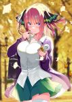  1girl absurdres autumn autumn_leaves bag bangs blue_eyes blue_nails blurry blurry_background blush breasts butterfly_hair_ornament can closed_mouth collared_shirt cowgirl_position day depth_charge dress_shirt eyebrows_visible_through_hair falling_leaves fingernails frown ginkgo glint go-toubun_no_hanayome green_skirt hair_ornament highres holding holding_can jacket large_breasts leaf long_fingernails long_sleeves looking_back miniskirt nail_polish nakano_nino open_clothes open_jacket outdoors piyopoyo pleated_skirt purple_jacket school_bag school_uniform shirt sidelocks skirt sleeves_past_wrists soda solo straddling thigh-highs two_side_up white_legwear zettai_ryouiki 