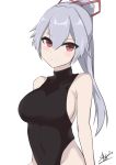  1girl absurdres bangs bare_arms bare_shoulders black_leotard breasts closed_mouth commentary_request covered_collarbone covered_navel eyebrows_visible_through_hair fate/grand_order fate_(series) grey_hair hair_between_eyes hair_ribbon high_ponytail highres ichikawayan large_breasts leotard long_hair looking_at_viewer ponytail red_eyes red_ribbon ribbon sidelocks signature simple_background smile solo tomoe_gozen_(fate/grand_order) white_background 
