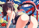  1girl ;d animal_ears ass azur_lane bangs bell bent_over black_hair blue_sky blush breasts cat_ears cat_tail clouds cup drinking_glass eyebrows_visible_through_hair flower fox_mask koinobori looking_at_viewer mask mask_on_head one-piece_swimsuit one_eye_closed open_mouth phandit_thirathon short_hair sky smile solo swimsuit tail tail_bell torii wet yamashiro_(azur_lane) 