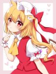  1girl absurdres animal_ears bangs blonde_hair blush border bow cat_ears closed_mouth collar collared_shirt crystal dress eyebrows_visible_through_hair eyes_visible_through_hair flandre_scarlet hand_up hat hat_bow heart heart-shaped_pupils highres jewelry looking_at_viewer mob_cap multicolored_wings one_side_up pointing puffy_short_sleeves puffy_sleeves purple_border red_bow red_dress red_eyes shinonome_asu shirt short_hair short_sleeves smile solo symbol-shaped_pupils touhou white_background white_headwear white_shirt wings wrist_cuffs 