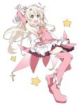  1girl :d armpits arms_behind_head blonde_hair boots cross fate/kaleid_liner_prisma_illya fate_(series) feathers full_body gloves illyasviel_von_einzbern ixy long_hair magical_girl open_mouth pink_eyes pink_footwear pink_legwear prisma_illya simple_background skirt smile solo star thigh-highs white_background white_gloves 