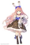  animal_ears boots bow copyright_request dress frilled_dress frills gilse green_eyes joycity long_hair looking_at_viewer pink_hair rabbit_ears stuffed_animal stuffed_bunny stuffed_toy watermark 