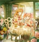  2girls :o ^_^ ^o^ aikatsu! aikatsu!_(series) amahane_madoka apron asymmetrical_bangs bangs basket blue_eyes bow cake cake_stand chair closed_eyes club_(shape) cup dessert diamond_(shape) door dress drink fence floral_print flower flower_basket flower_request food fork hair_bow heart holding holding_cup holding_teapot icing indoors loafers long_hair mocha_(mokaapolka) multiple_girls one_side_up oozora_akari open_door open_mouth orange_hair pink_bow pink_dress pink_flower pink_hair pink_rose plate red_flower red_rose rose shoes side_ponytail smile table tea tea_party teacup teapot thigh-highs twintails vase wavy_hair 