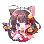  1girl :d ahoge animal_ear_fluff animal_ears apron bell bird_hair_ornament black_footwear blush bow brown_hair cat_ears cat_girl cat_tail chibi cup floral_print food full_body hair_bow hair_ornament holding holding_tray japanese_clothes jingle_bell kimono long_hair lowres maid_apron maid_headdress open_mouth original pinching_sleeves pink_kimono piyodera_mucha pleated_skirt print_bow pudding purple_bow red_bow red_skirt simple_background skirt sleeves_past_wrists smile solo tail tail_bell tail_bow thigh-highs tray very_long_hair violet_eyes wa_maid white_apron white_background white_legwear wide_sleeves 