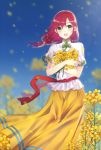  1girl :d bangs bare_arms blue_sky blurry blush bow breasts chuuka_ichiban! day eyebrows_visible_through_hair feet_out_of_frame floating_hair flower green_bow green_eyes highres holding holding_flower itsuki_(yishu) long_hair long_skirt looking_at_viewer low-tied_long_hair low_twintails mei_li open_mouth petals redhead sash shirt short_sleeves skirt sky smile solo standing toggles twintails white_shirt wind yellow_flower yellow_skirt 