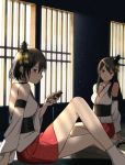  2girls annin_musou black_hair bottle commentary_request detached_sleeves fusou_(kantai_collection) hair_ornament headgear japanese_clothes kantai_collection long_hair multiple_girls nontraditional_miko red_eyes short_hair sitting socks tatami white_legwear wide_sleeves window yamashiro_(kantai_collection) 