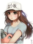  1girl ballcap blush breasts brown_eyes brown_hair caricature hat mea randy_starfru1t simple_background small_breasts tee_shirt translated 