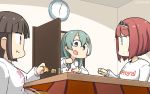  aqua_hair ark_royal_(kantai_collection) bangs black_hair blunt_bangs bob_cut clock clothes_on_shoulders commentary_request dated door grey_eyes hair_ornament hairclip highres hime_cut hiyou_(kantai_collection) kantai_collection kotatsu long_hair redhead short_hair suzuya_(kantai_collection) sweater table tiara 