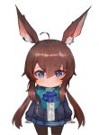  +_+ 1girl ahoge amiya_(arknights) animal_ear_fluff animal_ears arknights ascot bangs blue_eyes blue_jacket blue_neckwear blue_skirt blush brown_hair brown_legwear chibi closed_mouth dokomon eyebrows_visible_through_hair hair_between_eyes highres jacket long_hair long_sleeves looking_at_viewer low_twintails open_clothes open_jacket pantyhose pleated_skirt rabbit_ears shirt sidelocks simple_background skirt solo twintails very_long_hair white_background white_shirt 