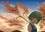 1girl backlighting blue_vest bosutonii clouds cravat daiyousei fairy_wings from_side gradient_sky green_eyes green_hair hair_ribbon head_tilt highres light_particles looking_at_viewer mountain mountainous_horizon open_mouth outdoors puffy_short_sleeves puffy_sleeves ribbon shirt short_hair short_sleeves side_ponytail sky solo standing touhou twilight upper_body upper_teeth vest white_shirt wings yellow_neckwear yellow_ribbon 