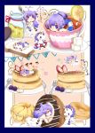  1girl absurdres ahoge azur_lane bangs barefoot black_bow black_ribbon blueberry blush bow bread chibi commentary_request cream criss-cross_halter cup detached_sleeves doughnut dress eating eyebrows_visible_through_hair food fork french_cruller fruit hair_bun hair_ribbon halterneck highres holding holding_spoon in_container in_cup jar knife lifebuoy long_hair long_sleeves multiple_views no_shoes okura00 one_side_up pancake parted_lips pennant plate profile purple_hair ribbon saucer side_bun sleeves_past_wrists slice_of_bread soles spoon stack_of_pancakes strawberry string_of_flags stuffed_alicorn stuffed_animal stuffed_toy sugar_cube tea teacup thigh-highs translation_request unicorn_(azur_lane) very_long_hair violet_eyes white_dress white_legwear white_sleeves 