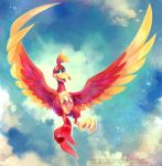  1girl banjo-kazooie bird clouds commentary green_eyes happy highres kazooie_(banjo-kazooie) koriarredondo no_humans open_mouth signature sky star_(sky) watermark web_address wings 