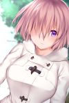  1girl absurdres blurry blurry_background blush breasts buttons closed_mouth fate/grand_order fate_(series) hair_over_one_eye highres hood hooded_jacket jacket large_breasts lavender_hair long_sleeves looking_at_viewer mash_kyrielight short_hair smile solo violet_eyes white_jacket xayux 