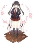  1girl arms_behind_back azur_lane black_hair black_jacket black_legwear blazer blue_eyes bow cherry_blossoms collared_shirt flower full_body glasgow_(a_maid_in_class)_(azur_lane) glasgow_(azur_lane) jacket kneehighs long_hair long_sleeves looking_at_viewer lpip miniskirt necktie official_art open_clothes open_jacket parted_lips petals pink_flower red_neckwear red_skirt reflection school_uniform shirt skirt solo standing thighs transparent_background twintails undershirt white_bow white_shirt wing_collar wooden_floor 
