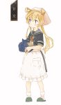 1girl abukuma_(kantai_collection) apron bangs black_jacket blonde_hair blue_eyes blush closed_mouth enu_(roco_roco44) eyebrows_visible_through_hair frilled_apron frills full_body green_footwear grey_sailor_collar hair_between_eyes hair_rings head_scarf holding jacket kantai_collection long_hair looking_away neck_ribbon open_clothes open_jacket red_ribbon ribbon sailor_collar short_sleeves sign slippers socks solo standing translated twintails very_long_hair waist_apron white_apron white_background white_footwear 